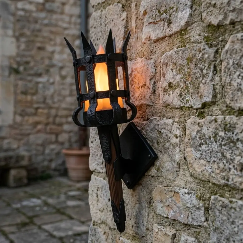 Vintage Medieval Torch Wall Lamp Dual Torch 3D Print Fake Torch Wall Sconce Hand-Held Fantasy Theme Retro Wall Craft Lamp