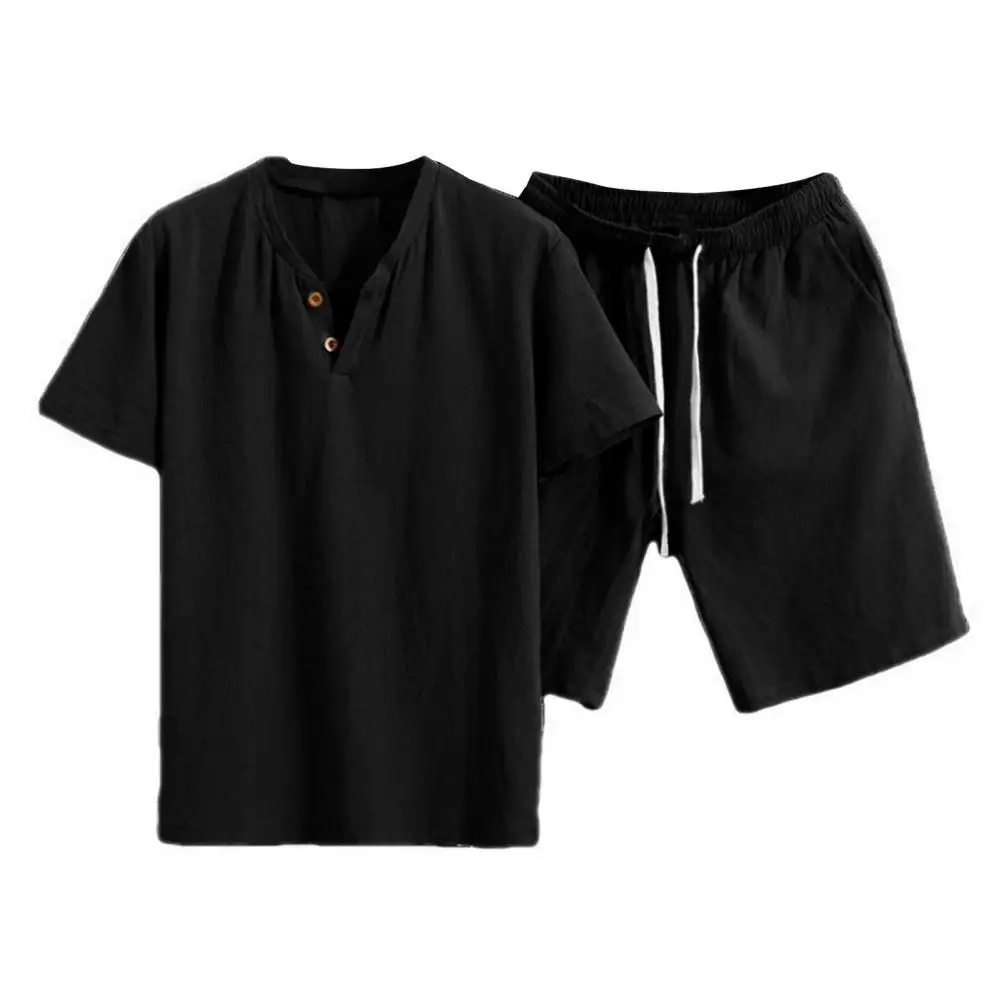 

Short-sleeve Jumper Set Men's Casual Sportwear Set with V-neck T-shirt Elastic Drawstring Shorts Solid Color Outfit for Homewear