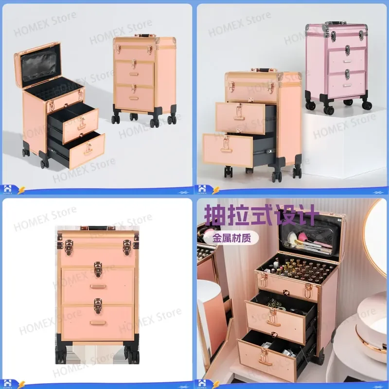 Professional Makeup Artist Trolley Case Waterproof Cosmetic Storage Box Multi Layer Rolling Nail Art Beauty Tool Organizer