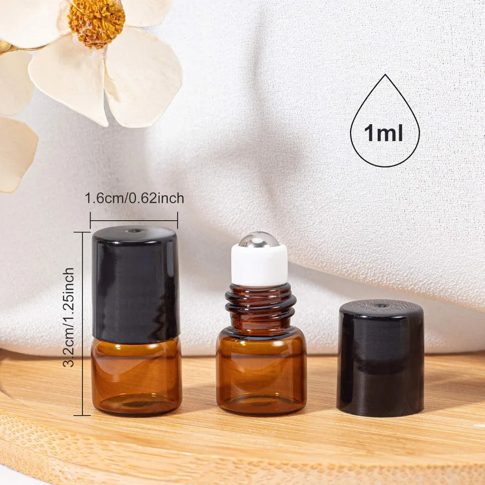 30 Pack 1ml Amber Glass Essential Oils Roller Bottles with Stainless Steel Roller Balls, 10Pcs 3ml Droppers, 4Pcs Funnels