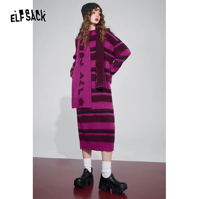 ELFSACK Free Scarf Striped Knitted Dresses For Women 2023 Winter Plus Size Korean Fashion Dresses