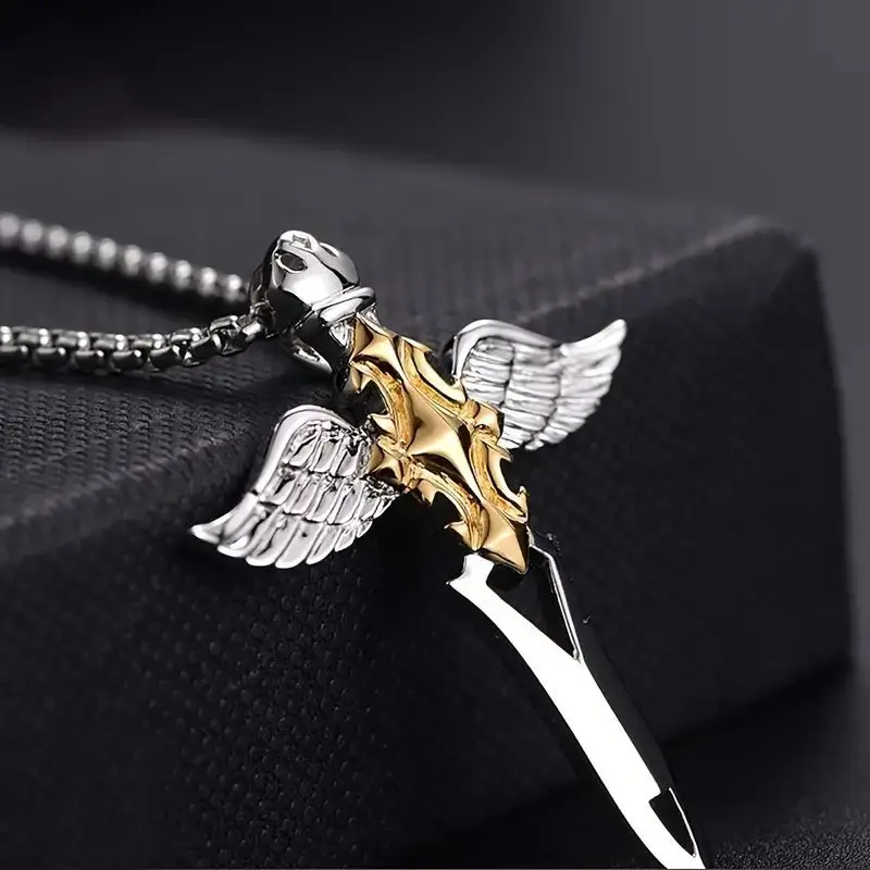 1pc Fashionable Versatile Men's Winged Sword Shape Cross Pendant Necklace Retro Style Exquisite New Ornaments Gifts