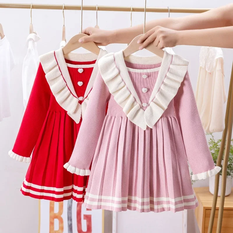 

Girls' baby knitted sweater dress 2024 spring and autumn new children's sweet princess college style long sleeve Pleated Dress