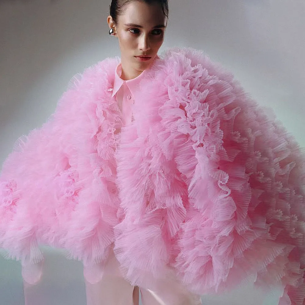 Pink Pretty Tops Women Jacket Ruffles Jacket Puffy Tutu Blouse Long Sleeve Ruffled Lush Mesh Women Short Dress Without Shirt