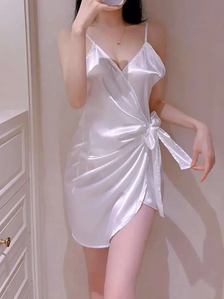 White Bow Mini Tank Dress Sweet Fashion Korean Women V Neck 2023 New Lingerie Uniform Ice Silk Robe Dress Elegant