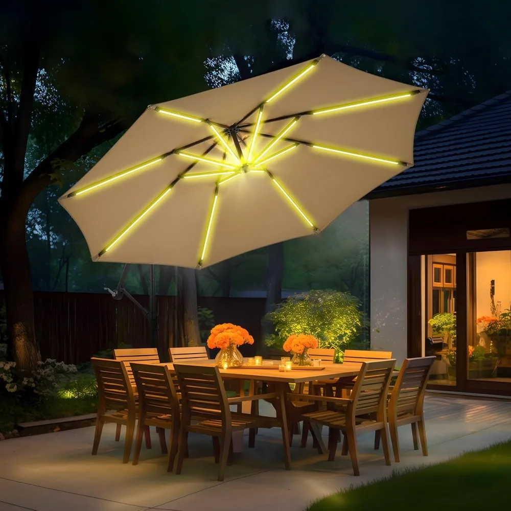 

10 ft Offset Patio Umbrella with Stands Included, Large Cantilever Umbrella Outdoor Patio with Solar Lights, Dual Charging, 8+ L