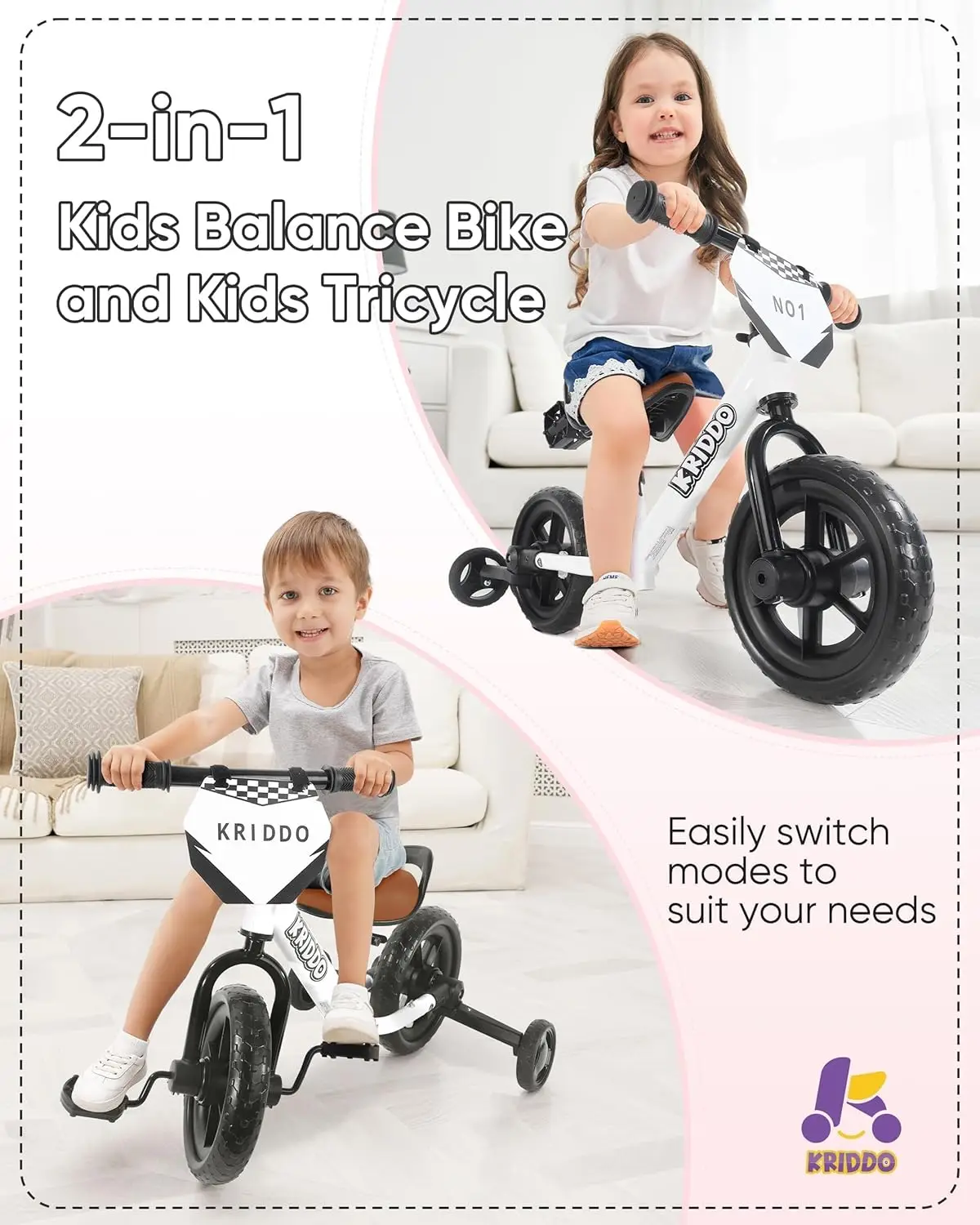 Tricycle 2 en 1 pour enfants et vélo d'équilibre pour tout-petits de 2 ans, pédales détachables et roues d'entraînement extravagantes, plaque de bricolage, Trik d'équitation