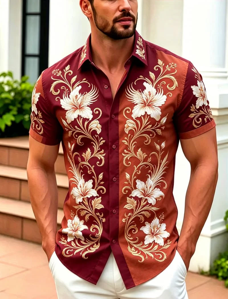 Men's Contrasting Floral Print Short Sleeved shirt, Suitable For Summer wear, Evening activities, And Versatile Luxury Style