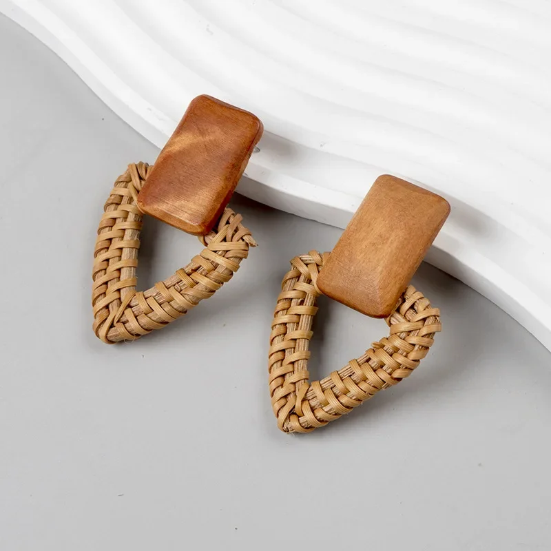 New Fashion Bamboo Wooden Straw Weave Rattan Knit Vine Geometric Round Triangle Long Earrings Bohemian for Women Party Jewelry