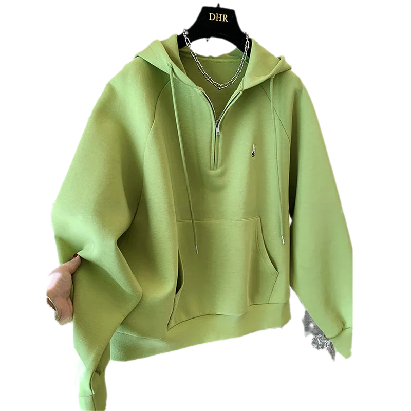 Sudadera Extra grande de algodón con capucha y cremallera de conejo bordado de 300 bolsas para mujer, sudadera holgada de gran tamaño para ocultar carne a la moda