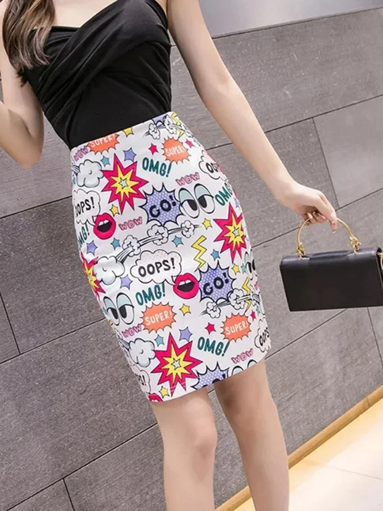 

New Women's Pencil Skirt Cartoon Letters Print High Waist Bodycon Skirts Lady Summer Sexy Slim Female Mini Spodnica Falda SP615