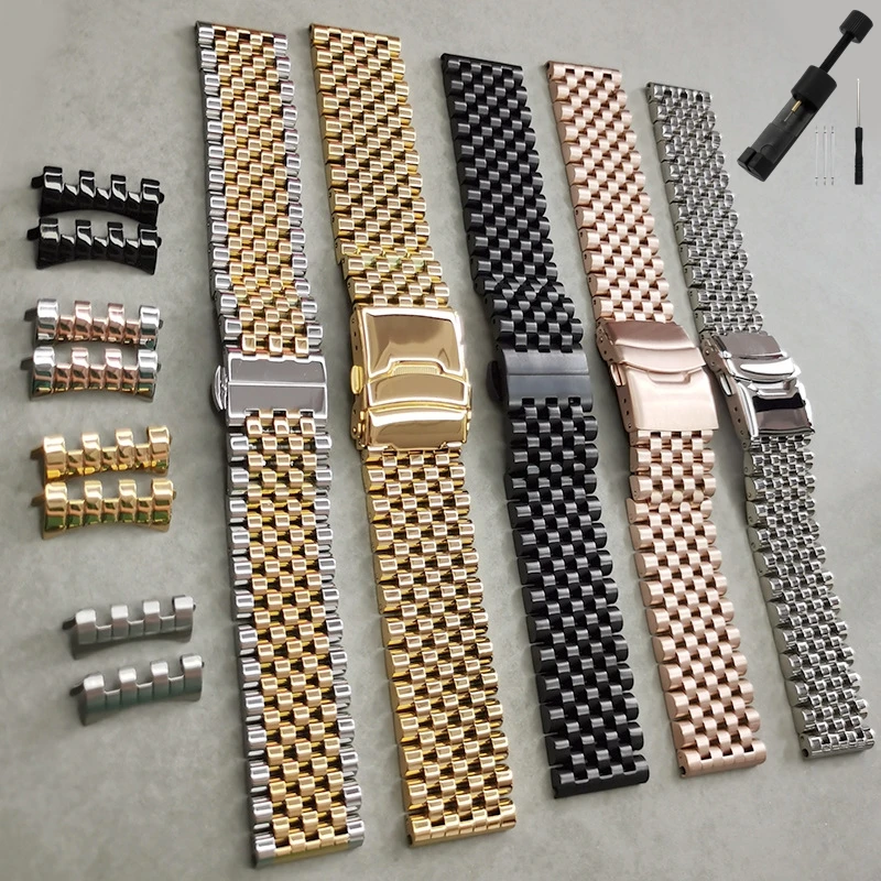 20mm 22mm Solid Stainless Steel Metal Bcacelet 7 Beads of Rice Arc-shaped Flat-end Watch Strap Universal Chain Matte Polish Band