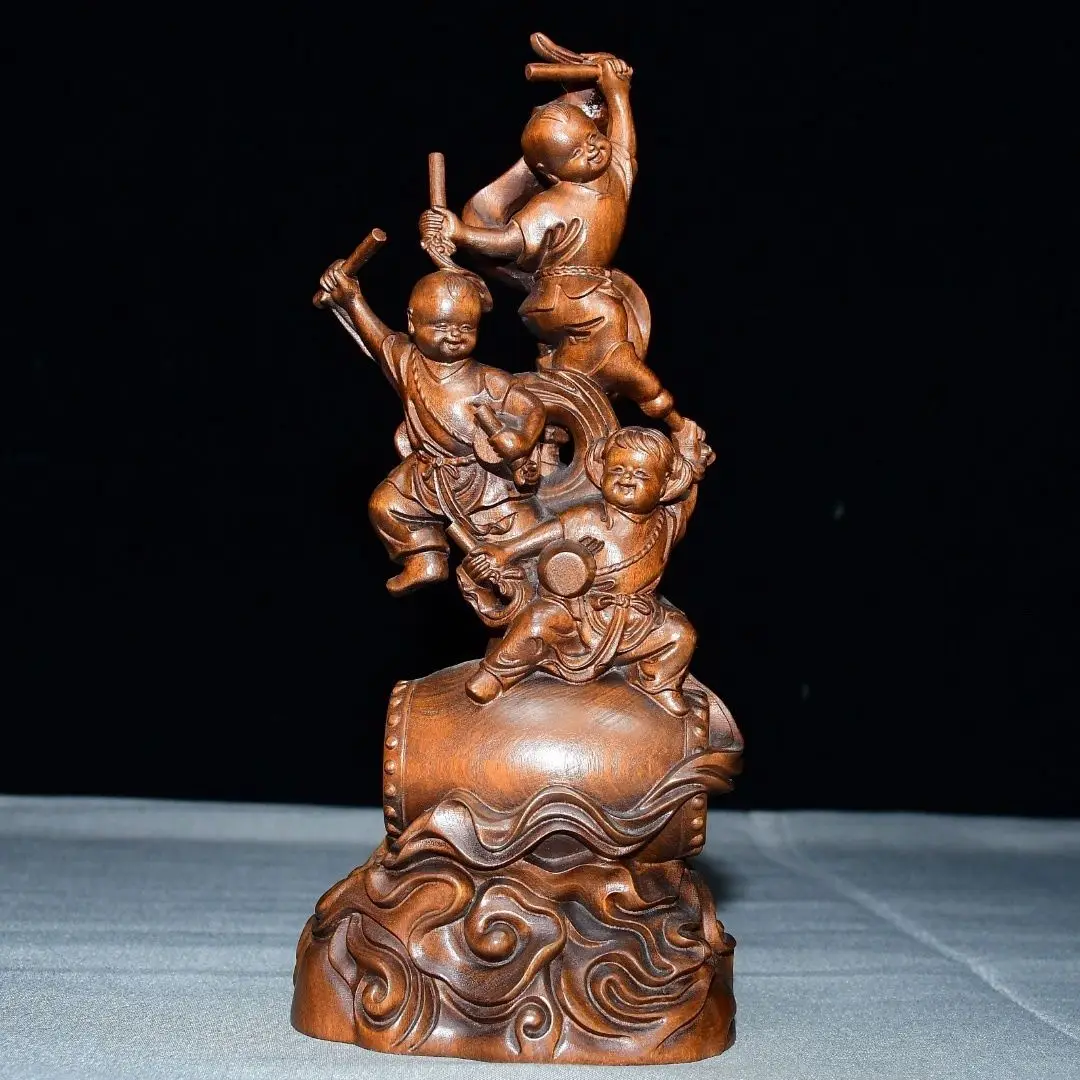 Hand Carved Wood Happy boy and girl Statue Figurine Desktop Ornaments Home Decoration