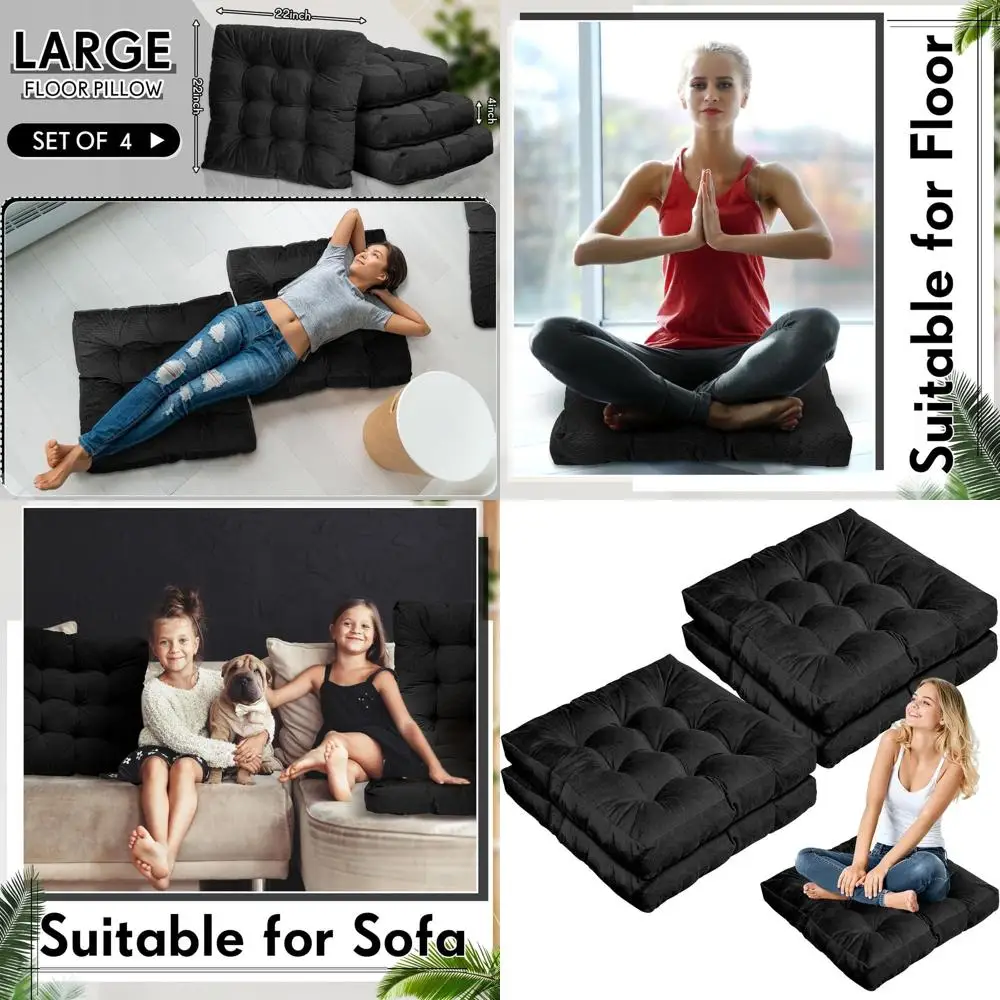 

22 Round Square Large Meditation Floor Pillows, Ideal for Class, Picnics, Parties, Seating, Gifts, Christmas (Black, 4 Pack)