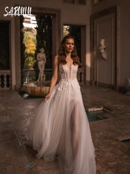 Graceful A Line Corset Women Wedding Dress Dreamy Flowers Sequins Bridal Gown Simple Classy Customized Side Slit Bride Dress
