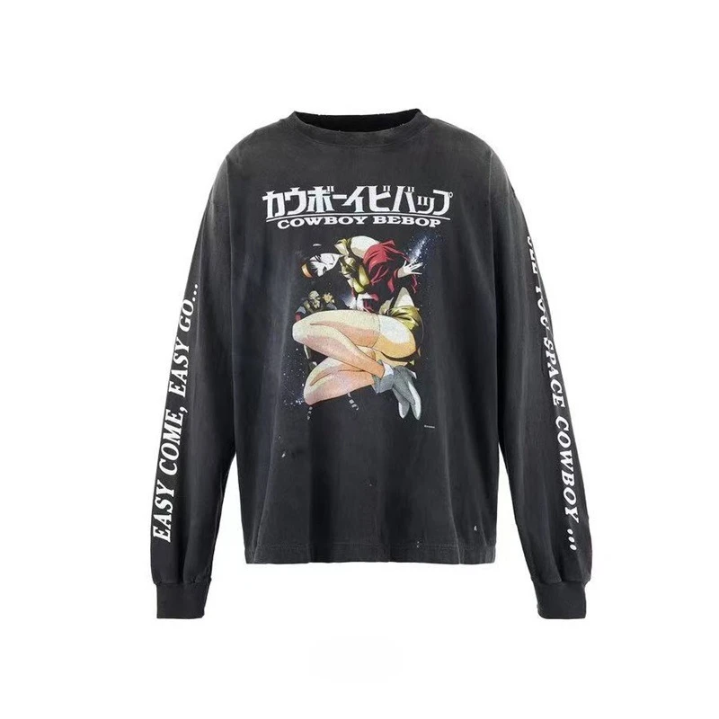 اليابانية الكرتون طباعة سانت مايكل قميص طويل الأكمام الرجال النساء غسلها القمصان السوداء