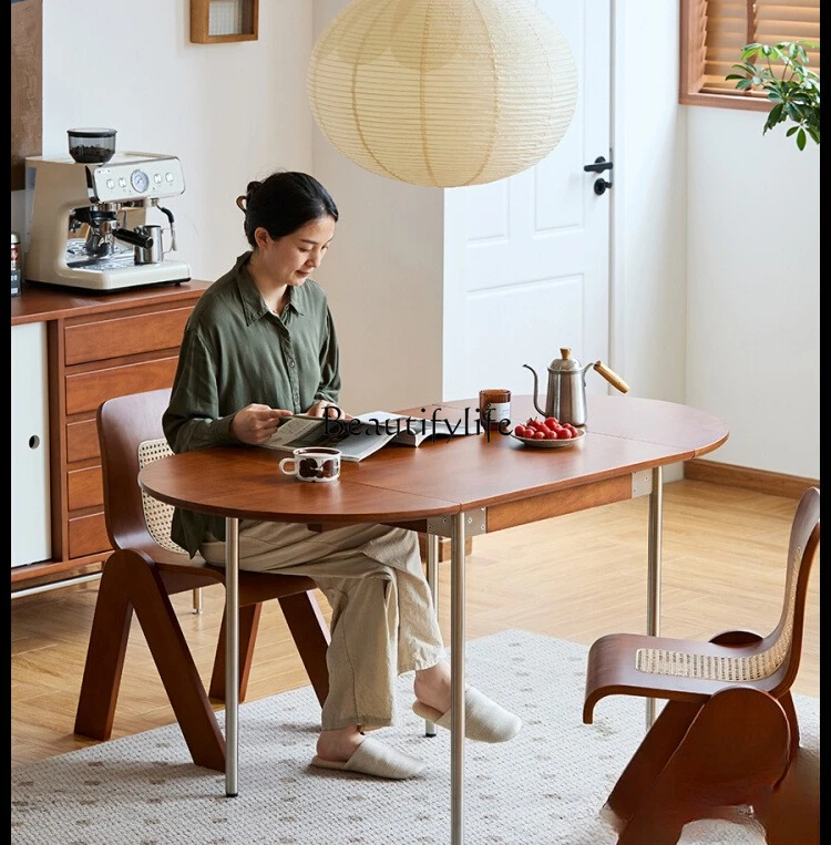 Nordic Retro Foldable Oval Solid Wood Dining Table Home Use Extendable Dining Table