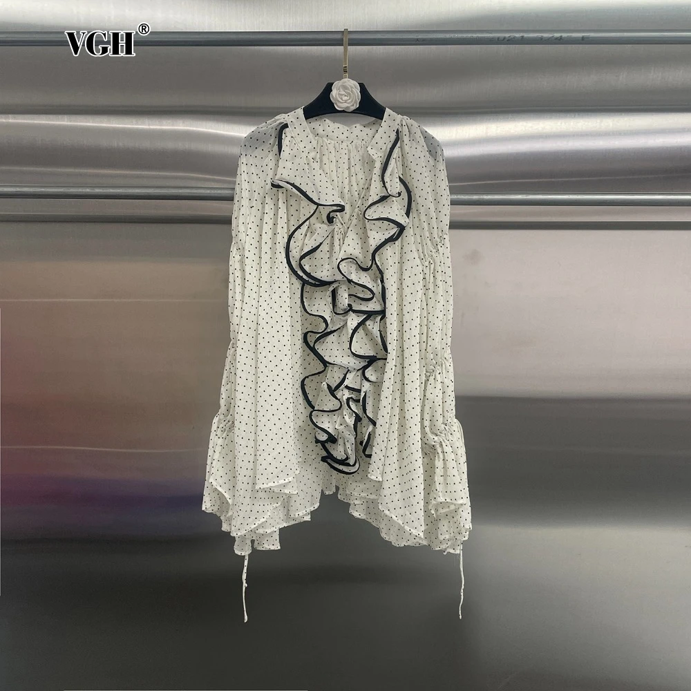 

VGH White Polka Dot Casual Transparent Shirt for Women Deep V Neck Irregular Ruffles Design Long Sleeve Fashion Loose Top Female