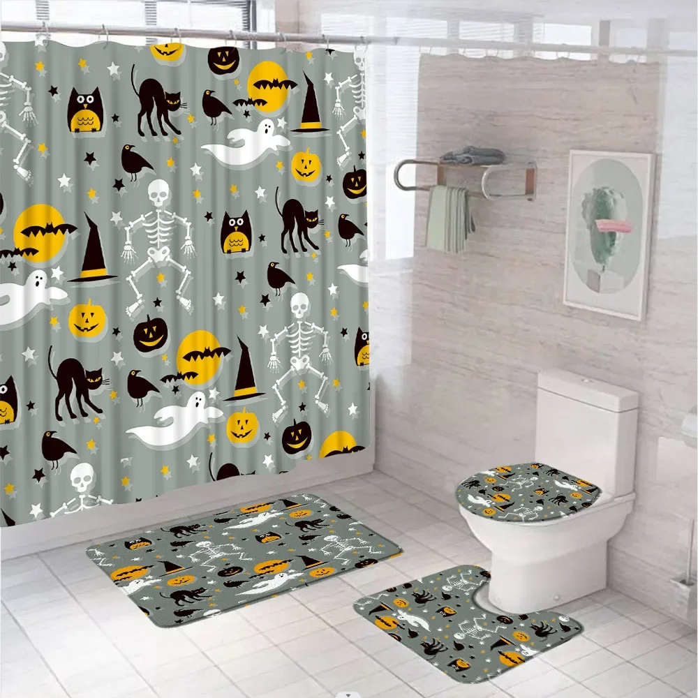 Ghost Skeleton Pumpkin Shower Curtain Set Bathroom Decor Cute Halloween Black Cat Witch Hat Non-Slip Bath Mat Rug Toilet Cover