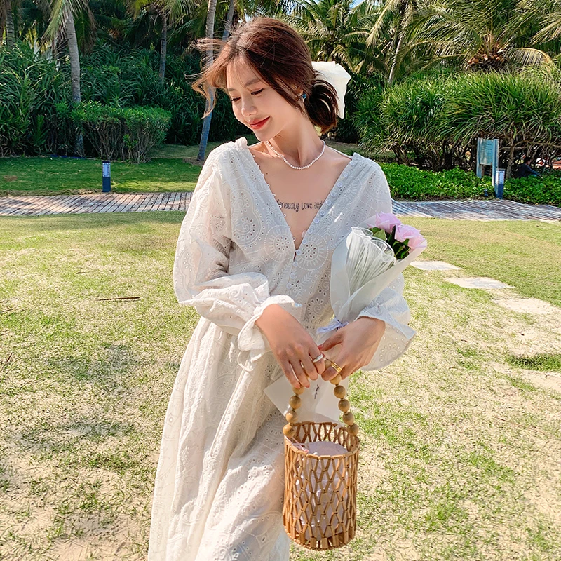 French Chic Autumn Blackless Vacation Long Dress Boho Women Buttons V Neck Cotton Embroidery Hollow Out Drawstring Waist Clothes