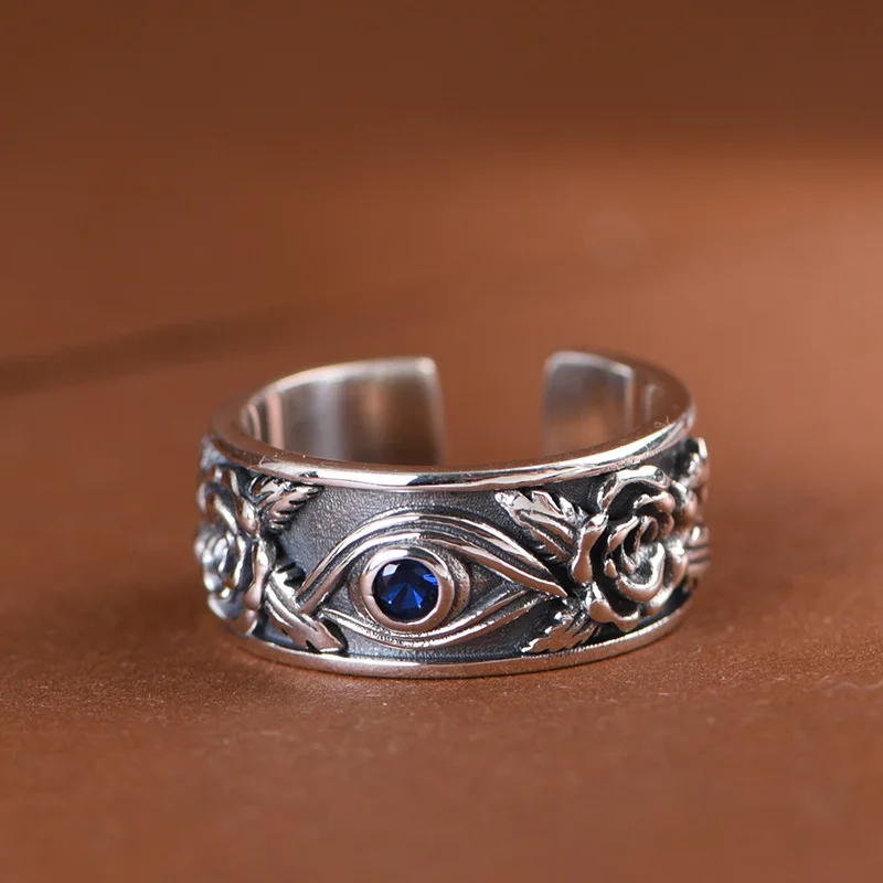 

Thai Silver Rose Flower Rings for Women 925 Sterling Silver Floral Jewelry Blue Zircon Eye Punk Ring Exotic Flowers Ring Trendy