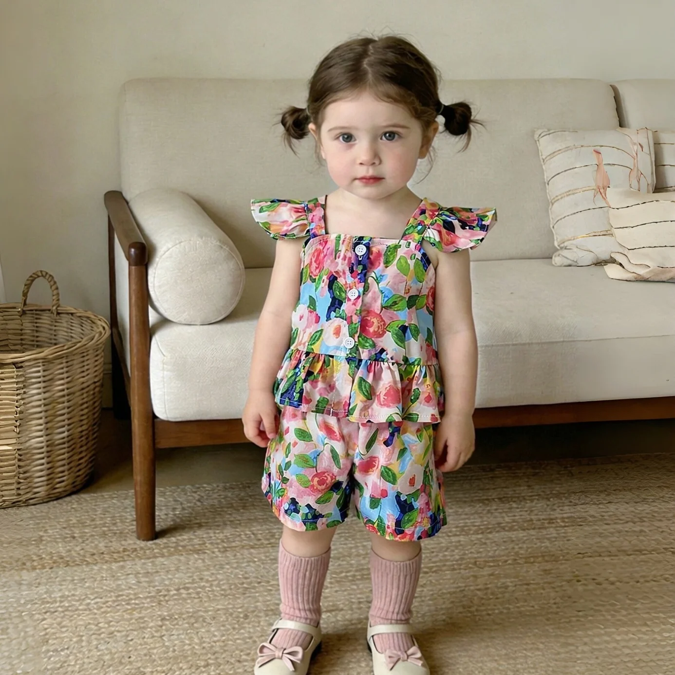 

Комплект из 2 предметов: летний наряд для девочки, удобный хлопковый комплект с милым цветочным принтом для повседневных прогулок, для детей от 9 месяцев до 3 лет