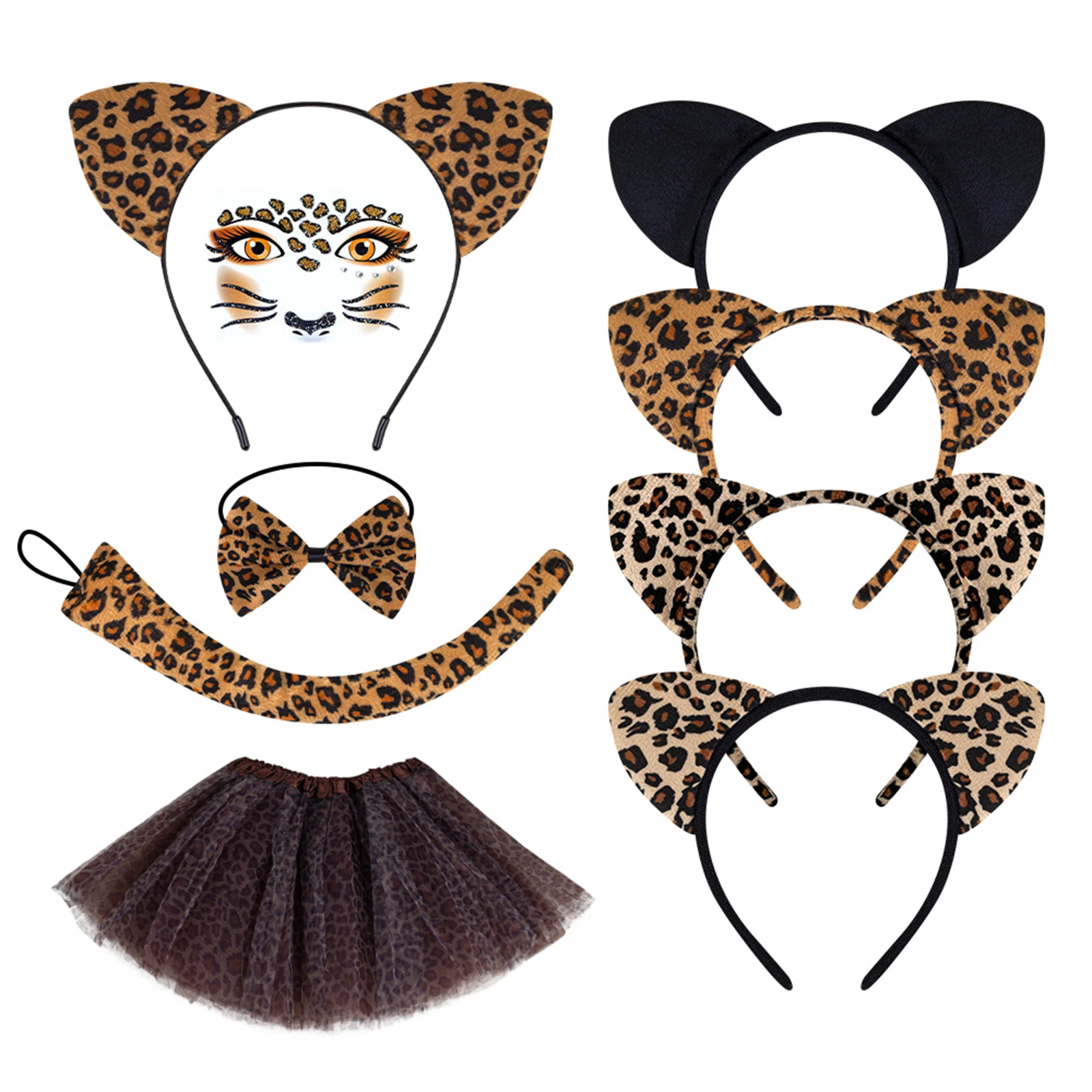 Halloween Kids Leopard Print Cat Ear Headband Tail Accessory Set Plush Animal Girl Stage Performance Cosplay Birthday Dress-Up