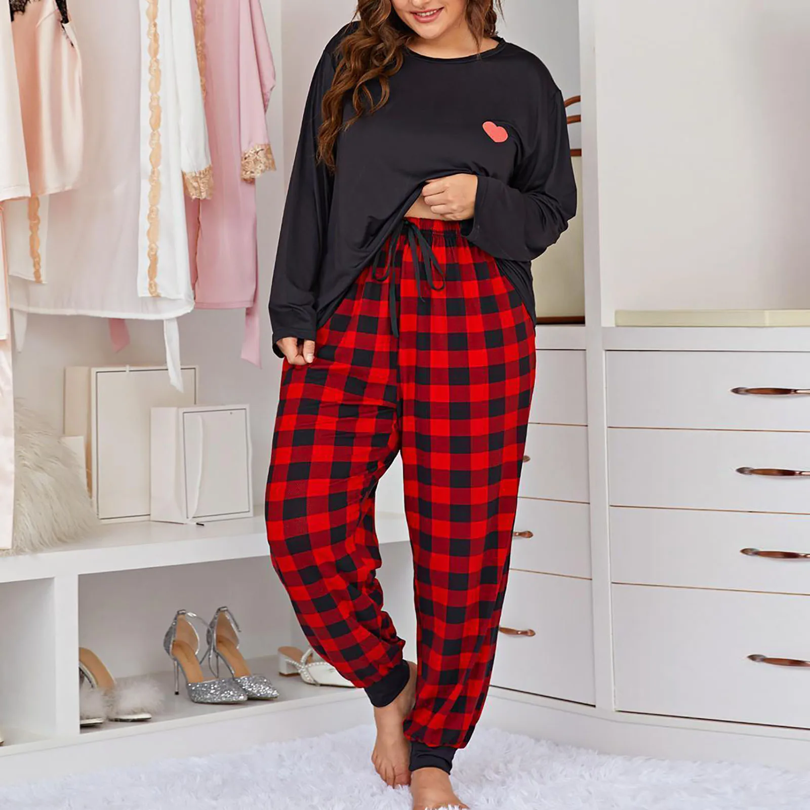 

Women Plus Size Grid Print Loungewear Two Piece Long Pants Set Girls Womens Long Sleeve Sleepwear Plaid Pants Homewear Pijama