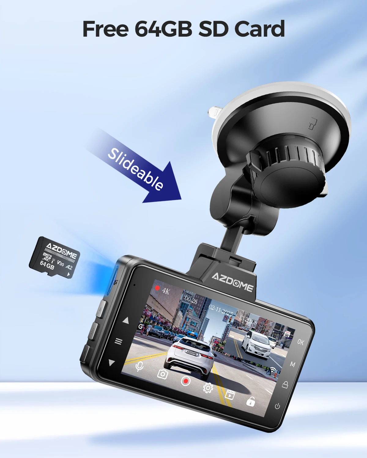 كاميرا AZDOME 4K Dash Cam M01 Max 3 بوصة كاميرا أمامية وخلفية للسيارة مدمجة ADAS Wifi G-Sensor Car DVR وضع وقوف السيارات 24H