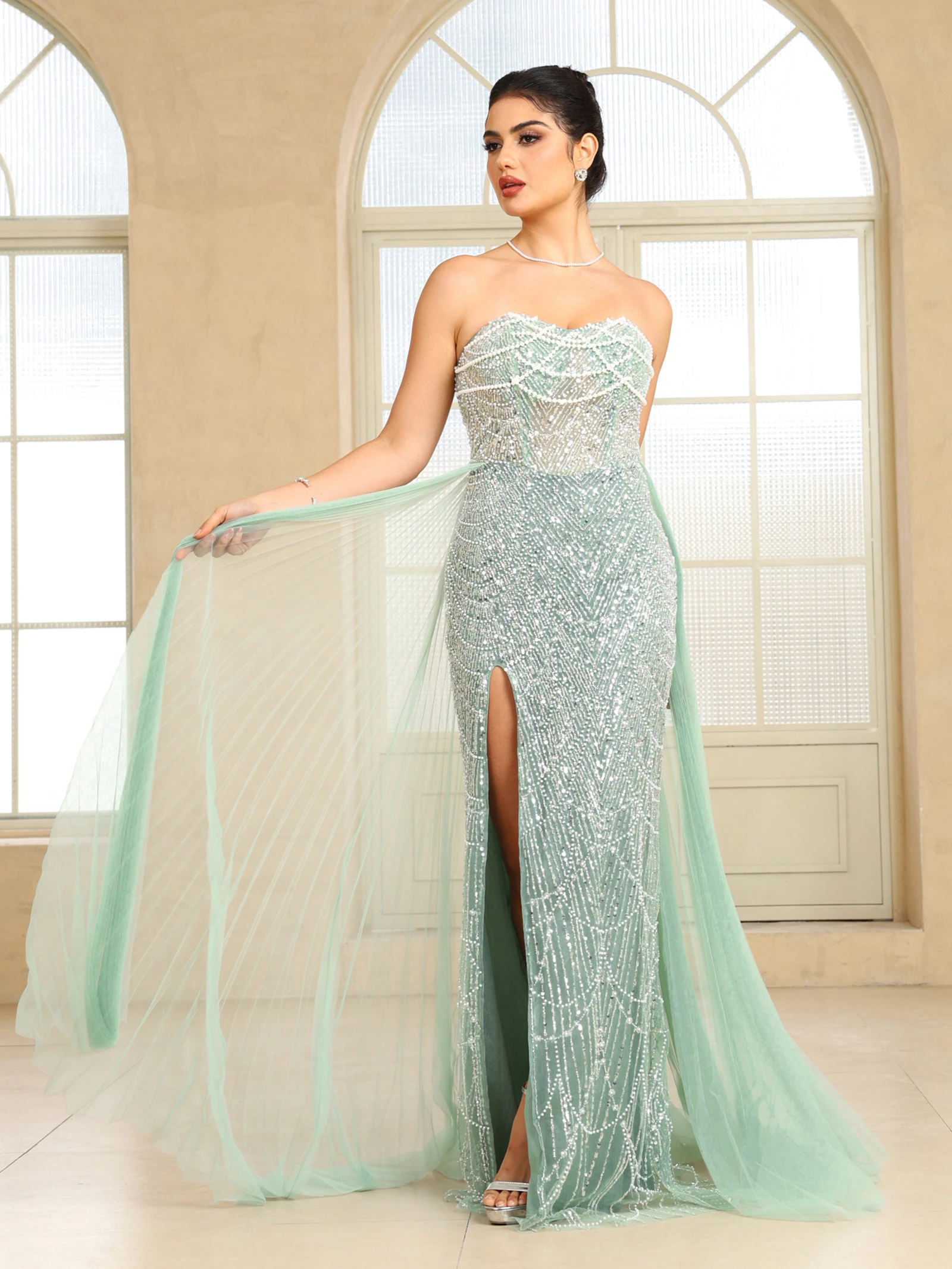 2025 New Beaded Evening Dresses Luxury Sequins Beading Strapless Backless Prom Dress Sexy Sheer Split Tulle Train Formal Vestido