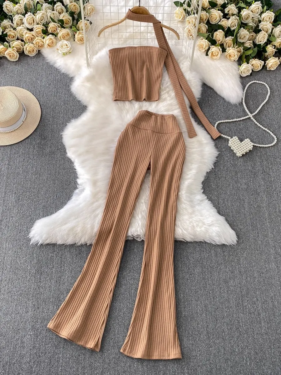 Foamlina Y2Kแฟชั่นStreetถักHalter Strapless Crop Top & เอวสูงSlimming Flareกางเกงชุด2ชิ้น2025ฤดูร้อนใหม่