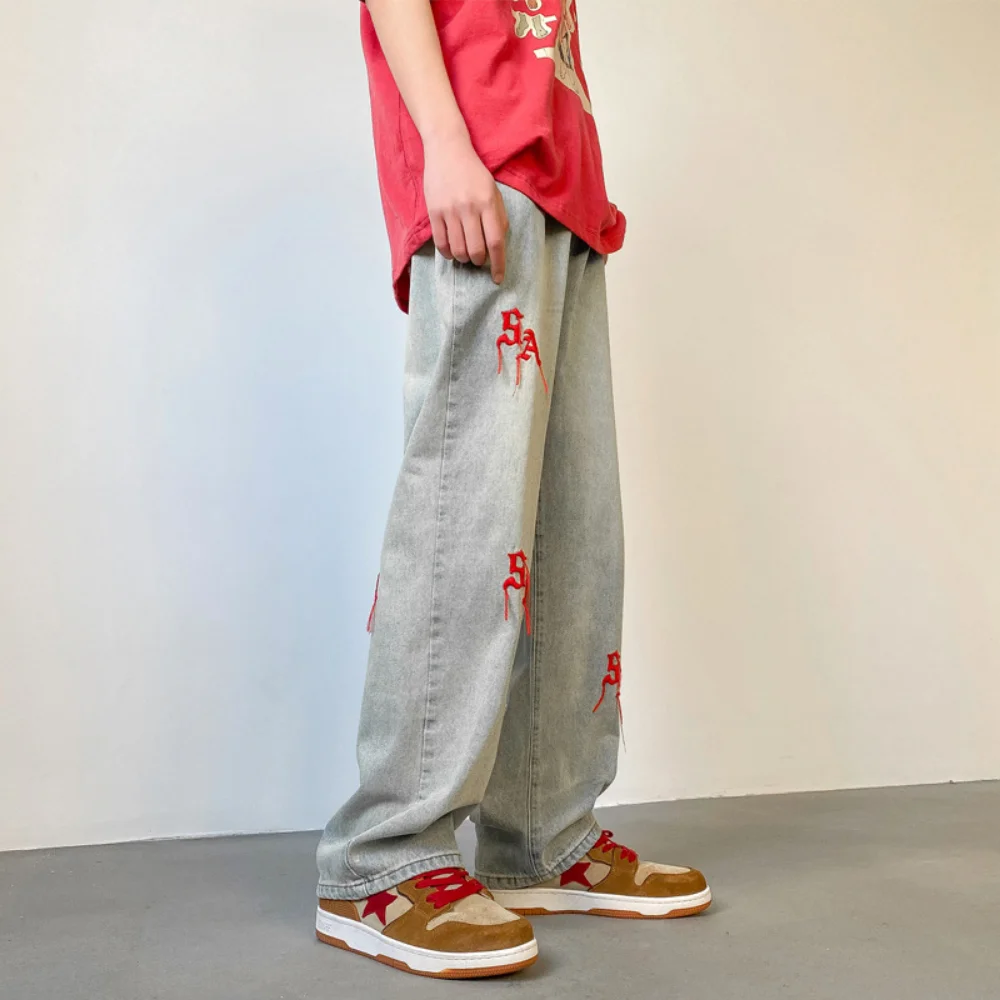 New Spring 2023 Men Baggy Straight Jeans Hip Hop Streetwear Y2K Vintage Fashion Trousers Embroidery Scratch Wide-leg Denim Pants