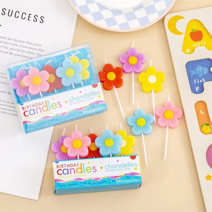 5 Stück bunte blumenförmige Kerzen für Mädchen, Geburtstagsparty, Kuchendekoration, niedliche Plugin-Kerzen – Detail 6
