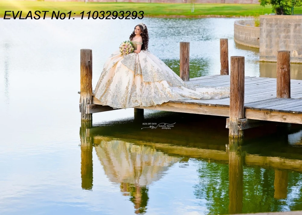 EVLAST Personalizado Brilhante Champanhe Quinceanera Vestido de Baile Ouro Lace Applique Beading Doce 16 Vestidos De 15 Anos E1QN596