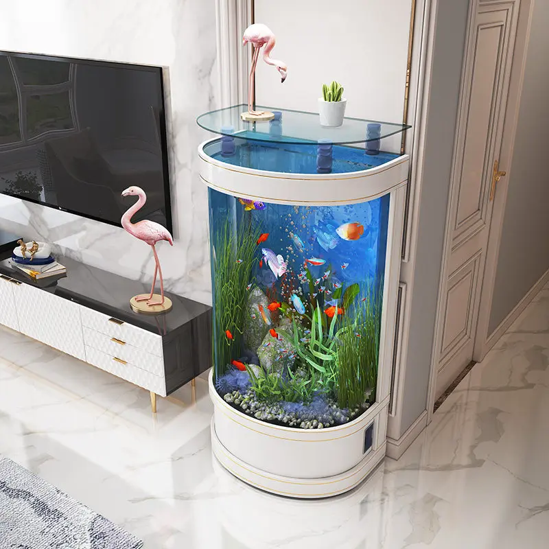 

Vertical semi-circular floor-to-ceiling glass ecological aquarium next to the TV cabinet 2026 new model