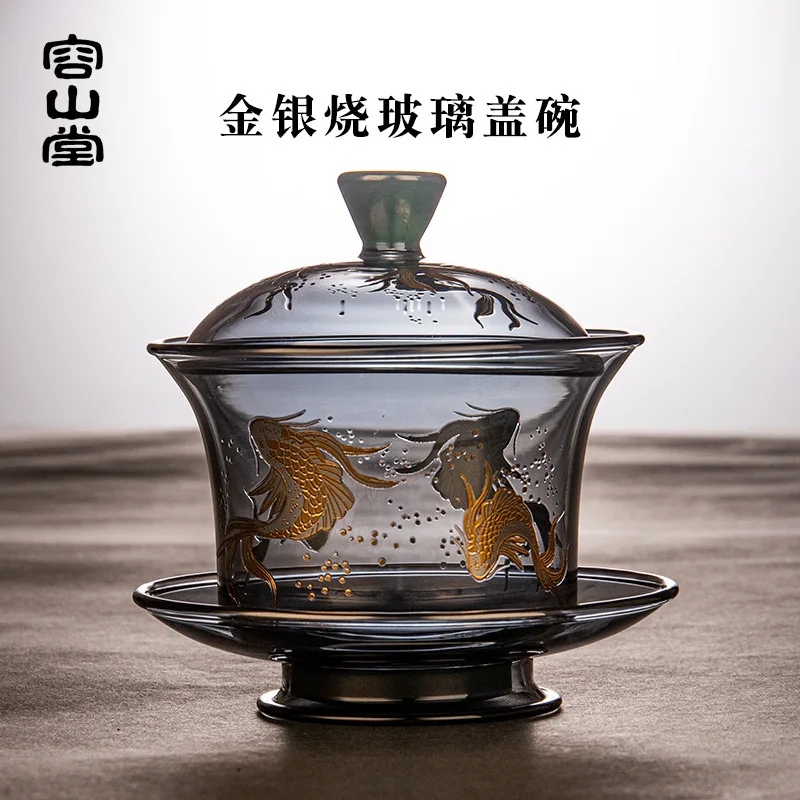 Gaiwan Tureen Tibetan Teaware Puer Tea Set Grey Gold and Silver Fired Glass Cover Bowl Heat Resistant Thickened Sancai Kung Fu