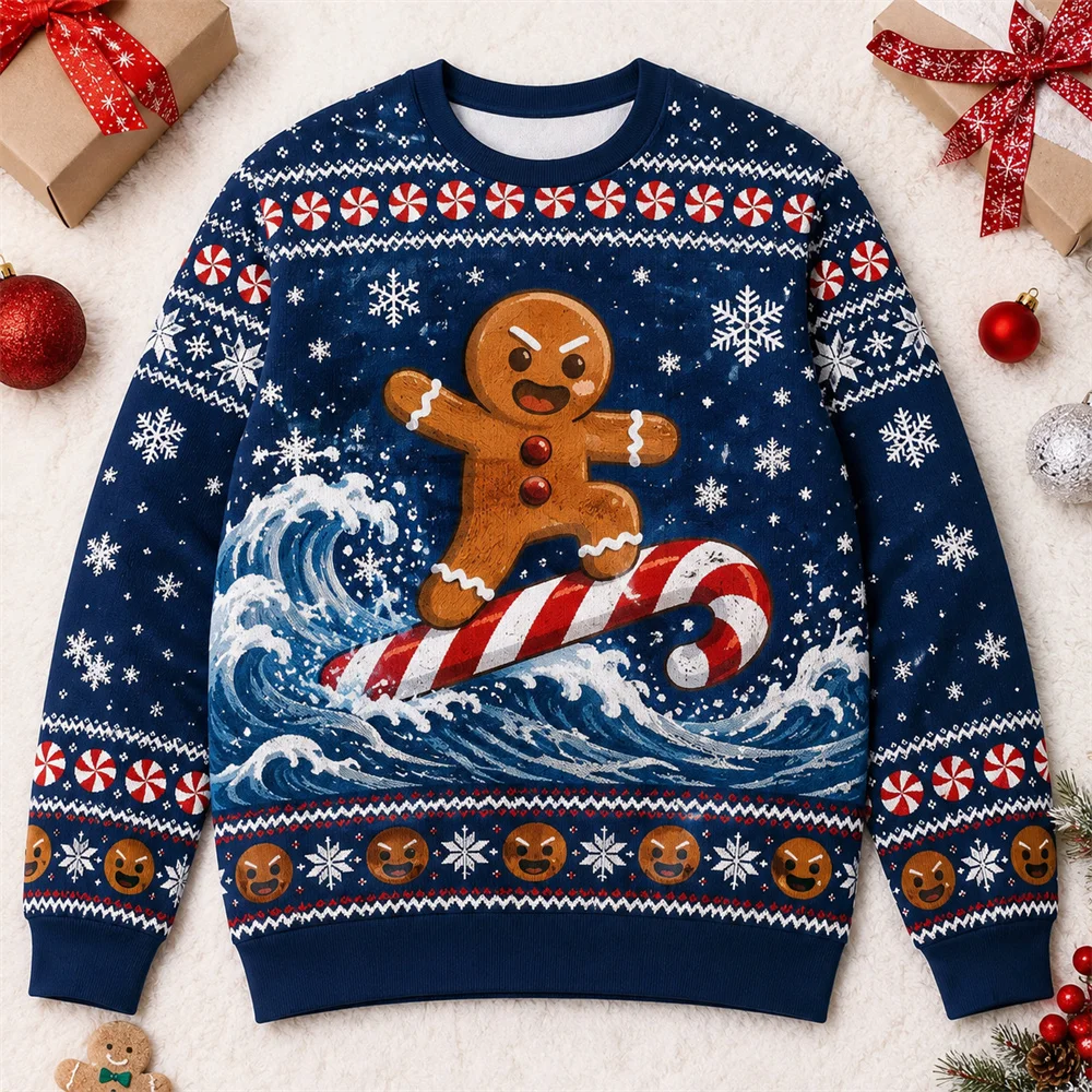Humorvoller 3D-Druck Lebkuchenmann Weihnachts-Pulli für Männer und Frauen, Weihnachtsgeschenke für Backbegeisterte, Pullover-Sweatshirt – Detail 3