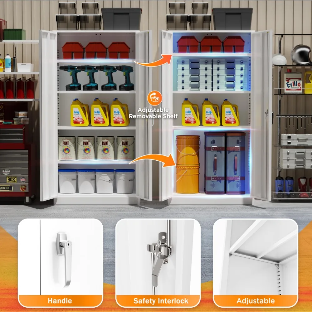 2024 New 72" Office Storage Cabinet with Locking Doors and 4 Adjustable Shelves, White Lockable Steel Cabinet