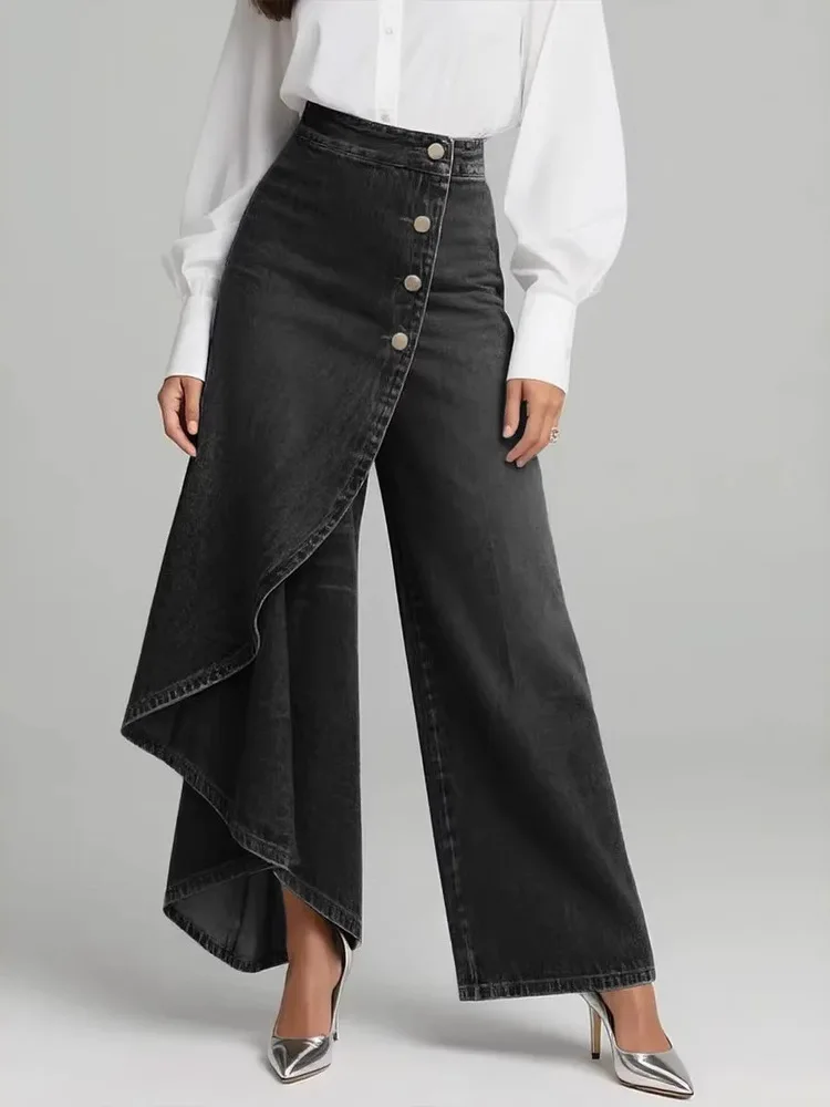 Minimalist Casual Long Display Solid Color Denim Print Breasted Tight Pants For Women Spring 2026 New