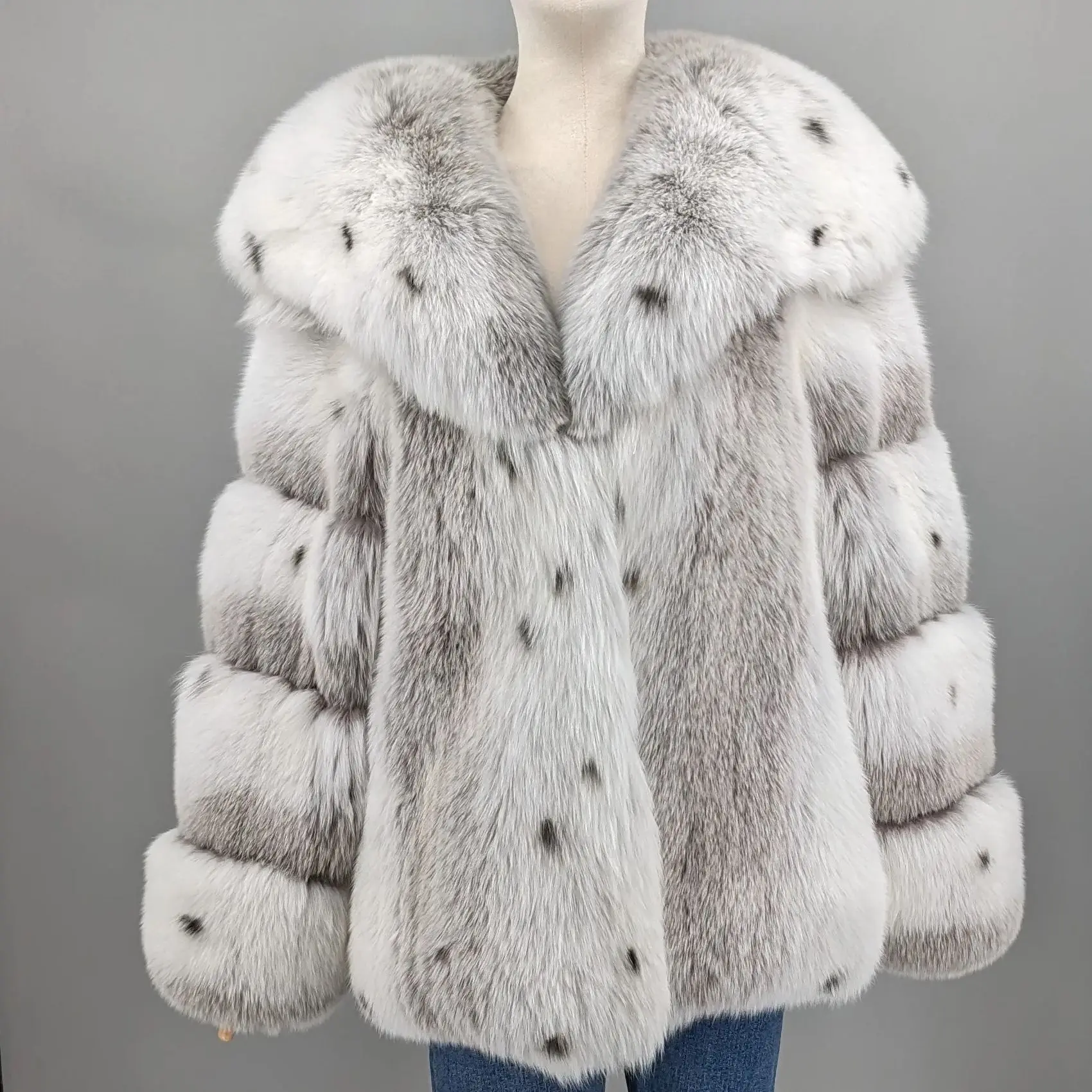 Sweet real fox fur coat with big turn down collar lynx color overcoat thick warm soft jacket length 64 cm 250461