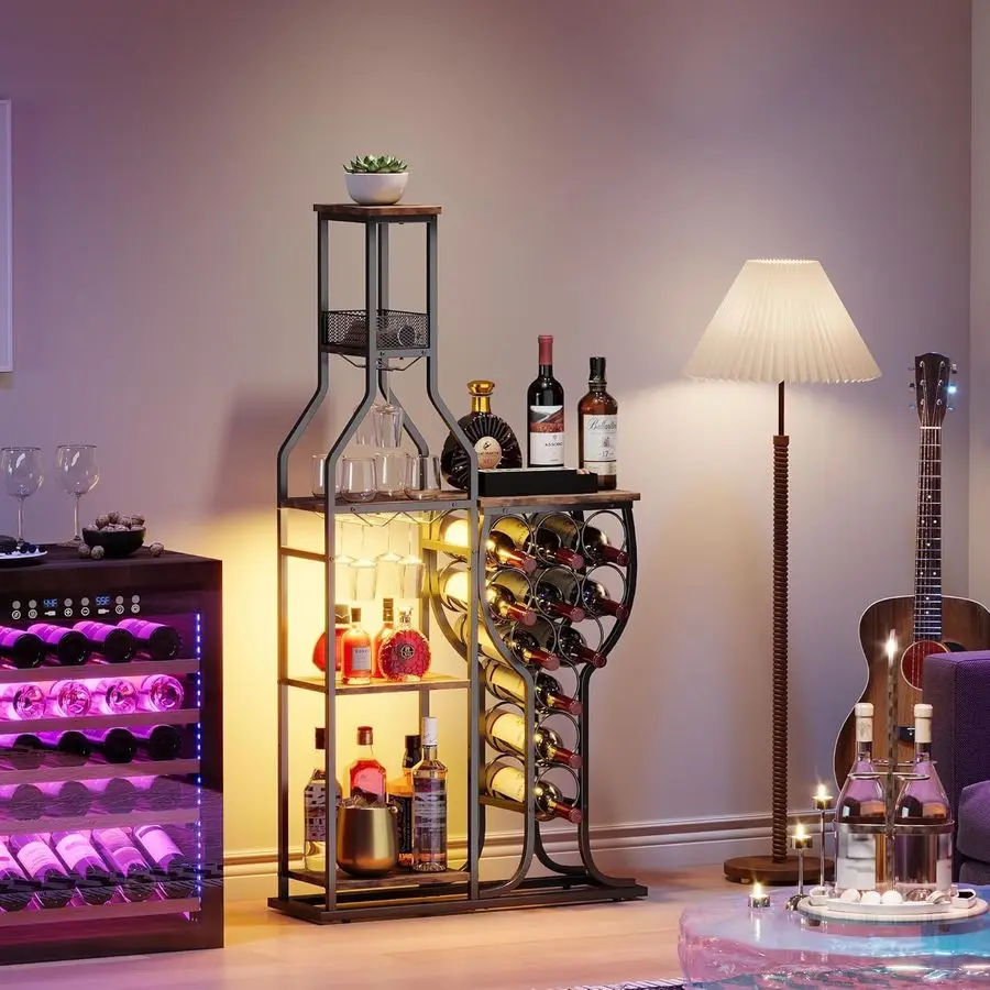 

Cabinet for Home Bar, 5Tier Wine Rack Freestanding Floor with Wine Glass Holder, Mini Bar Stand with 11 Wine Bottles, Bar Table