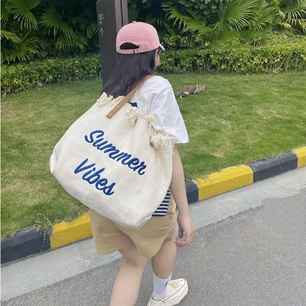 New Fashion Tassel Tote Bag Woven Canvas Bag Embroidered Alphabet Handbag Women\'s Large Capacity Shoulder Bag