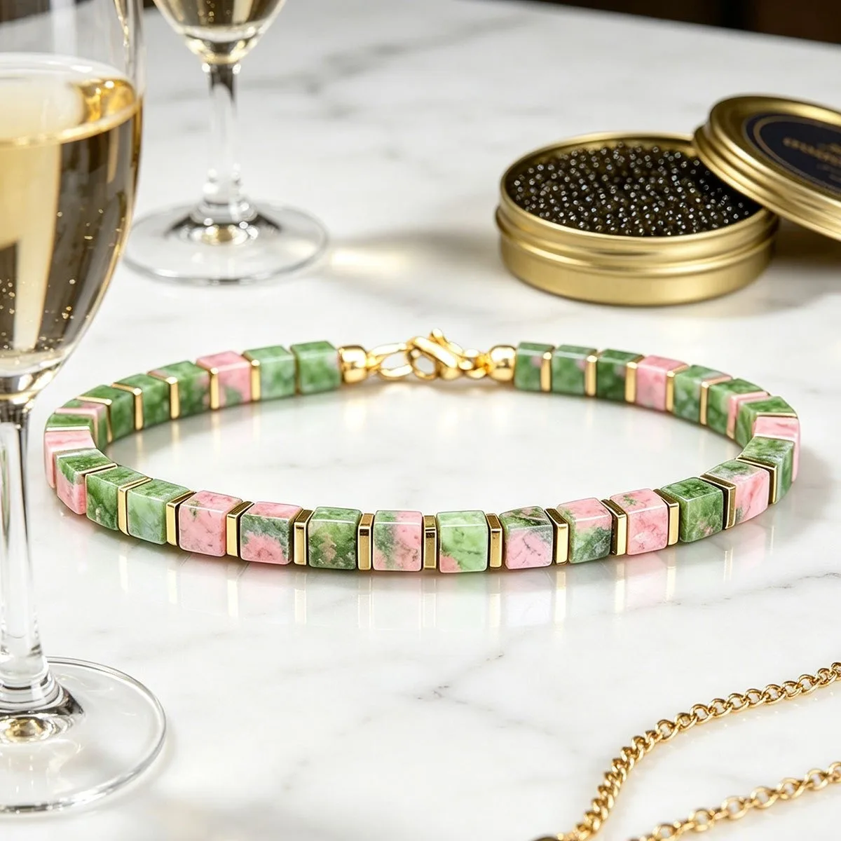 Vintage-Style Green Curtain Granite Square Beaded Wealth Bracelet, Attracts Happiness and Opportunities, Handmade Natural Stone Skin-Friendly Jewelry, Suitable for Daily Wear and Gift-Giving