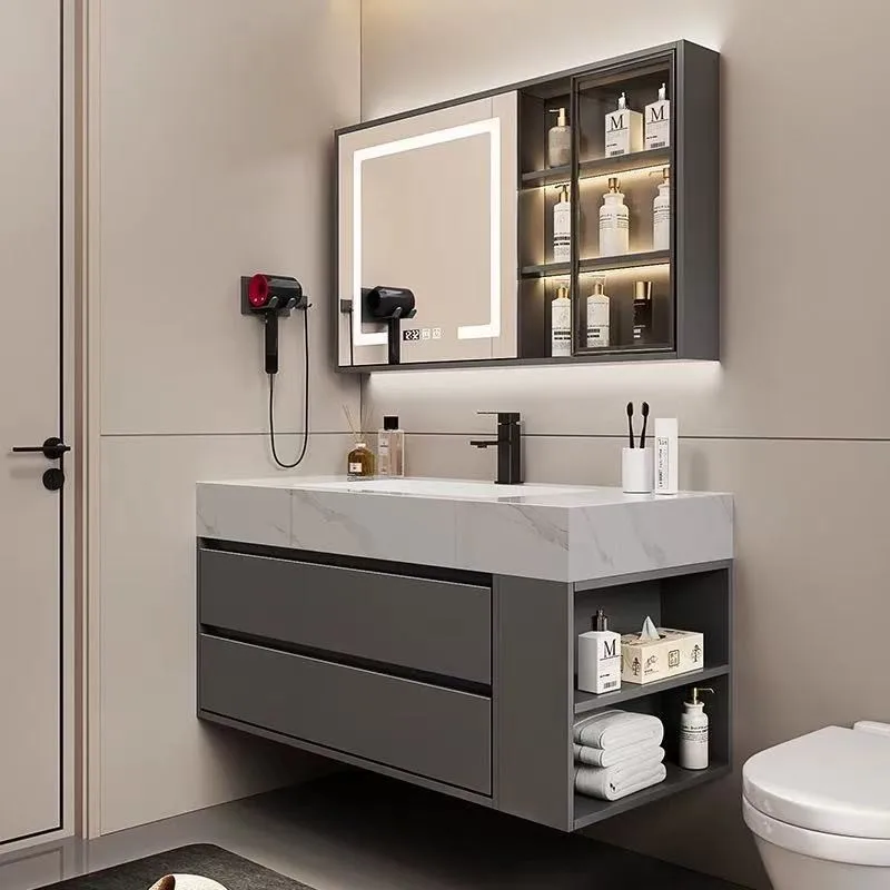 Bathroom Vanity Cabinet with Rock Slab Integrated Sink Organizer Storage Mirror Wall Shelves Toilet Display Trendy Furniture