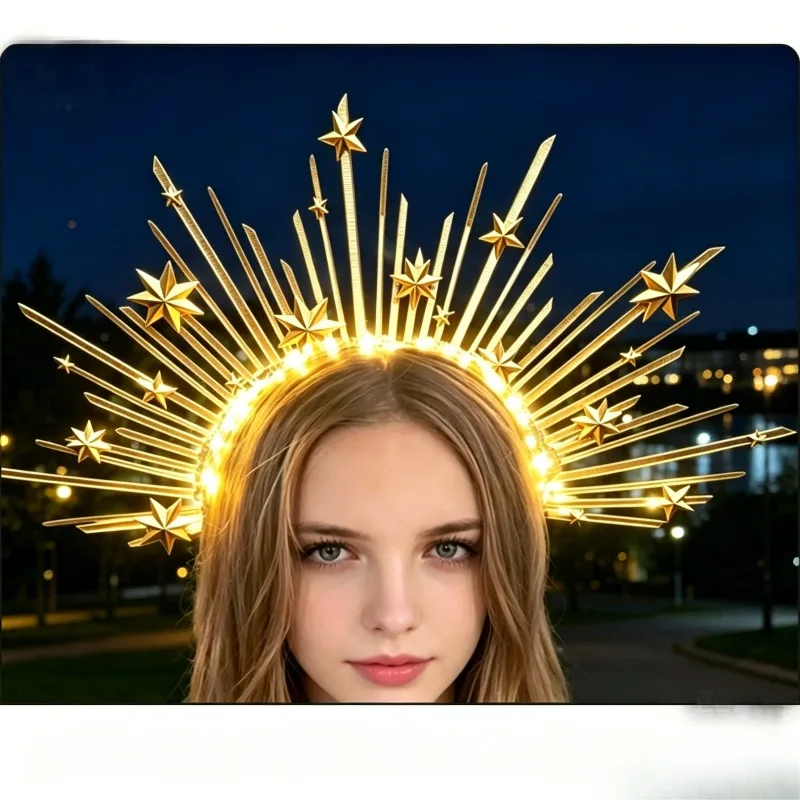 LED Light Up Starburst Halo Headband, Golden Goddess Hair Accessory, Glowing Sunburst Crown, Cosplay Festival Party Photo Prop