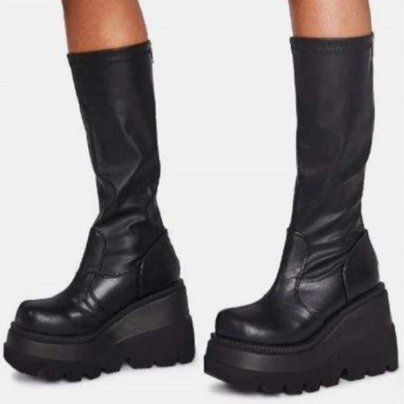 

Women Platform Boots New High Heels 2025 Spring Autumn Brand Black Goth Women Shoes Wedges Ankle Boots for Women Motorcycle Boot