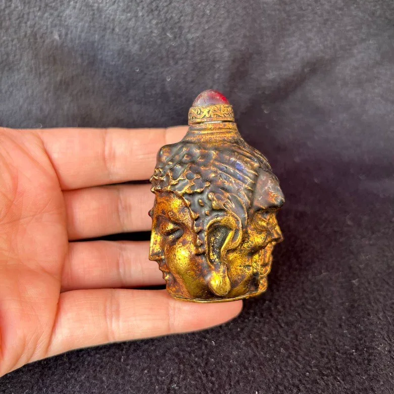 Collection Vintage Gilding Double-faced Buddha Head Snuff Bottle Small Handle