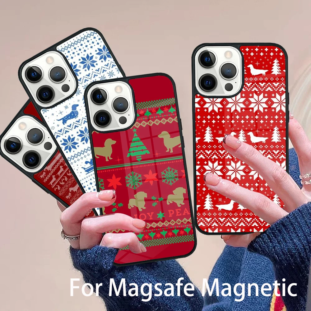 

Dachshunds Christmas Sweater Pattern Phone Case Magesafe Magnetic Wireless Cover For IPhone 16 11 12 13 14 15 Pro Max Plus