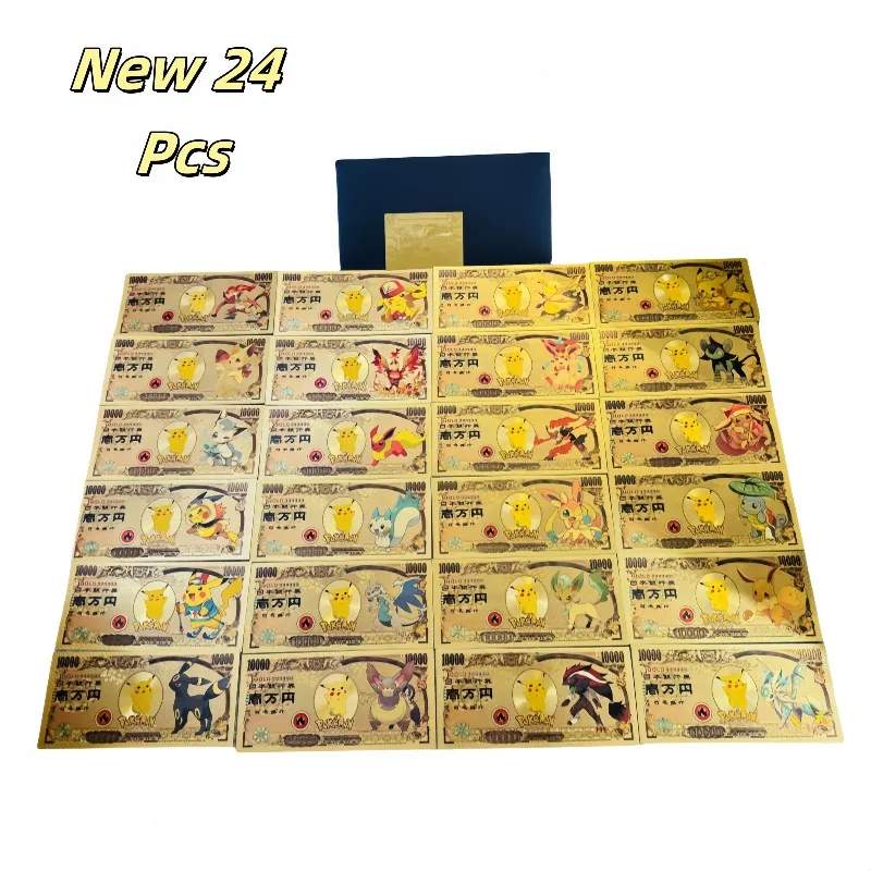 

MINISO New 24 Types Hot Sale Japan Pokemon Banknote Anime Gold Banknote in 24k Gold Plated For Collection