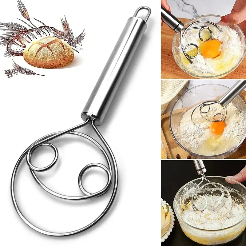 Danish Dough Bread Whisk Stainless Steel Handle Kitchen Baking Tools Manual Mixer Egg Beater Cream Utensils Self Turning Pastry
